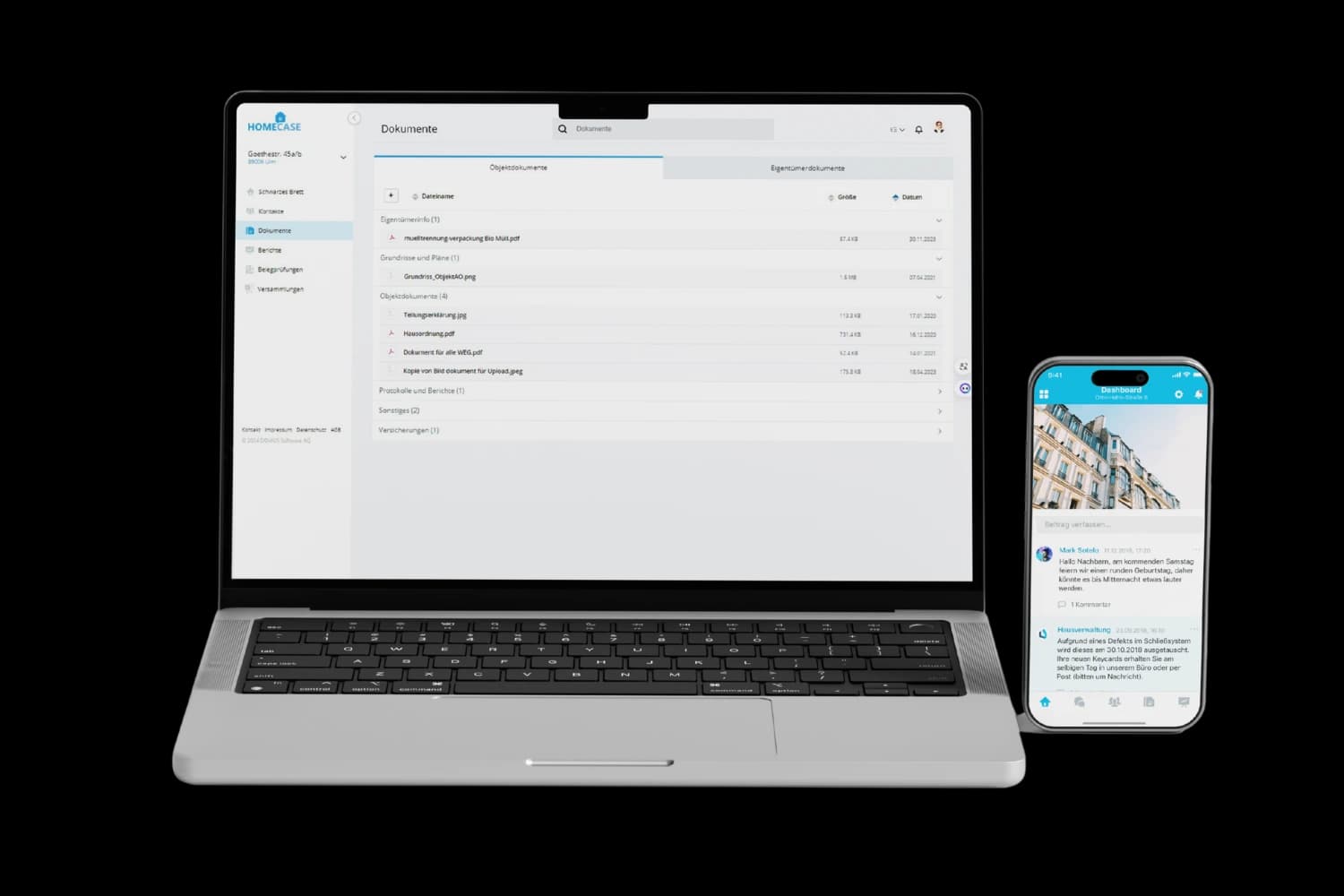 HomeCase-Portal am Laptop und als App auf dem Smartphone